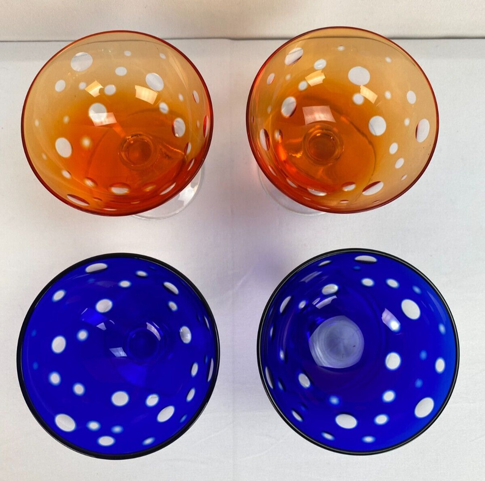 4 Cut to Clear Sherbet Champagne Cocktail Glasses Blue & Orange 3.5 x 3.5 inches